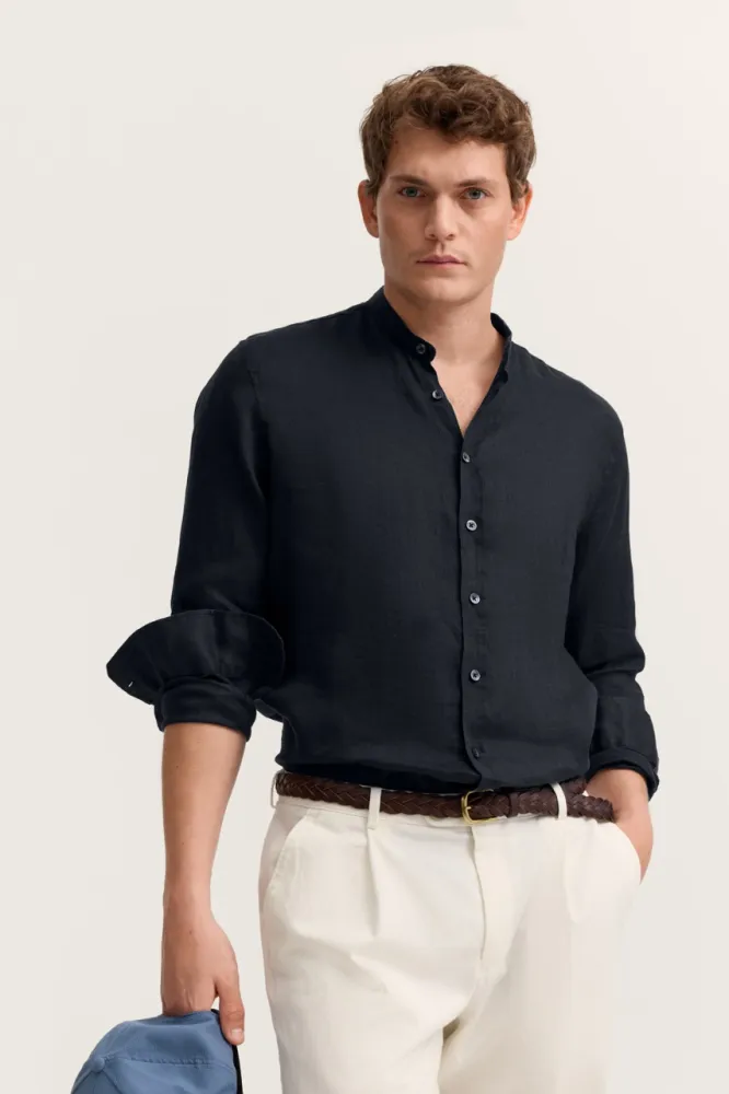 Lniana koszula męska bugatti navy ze stójką